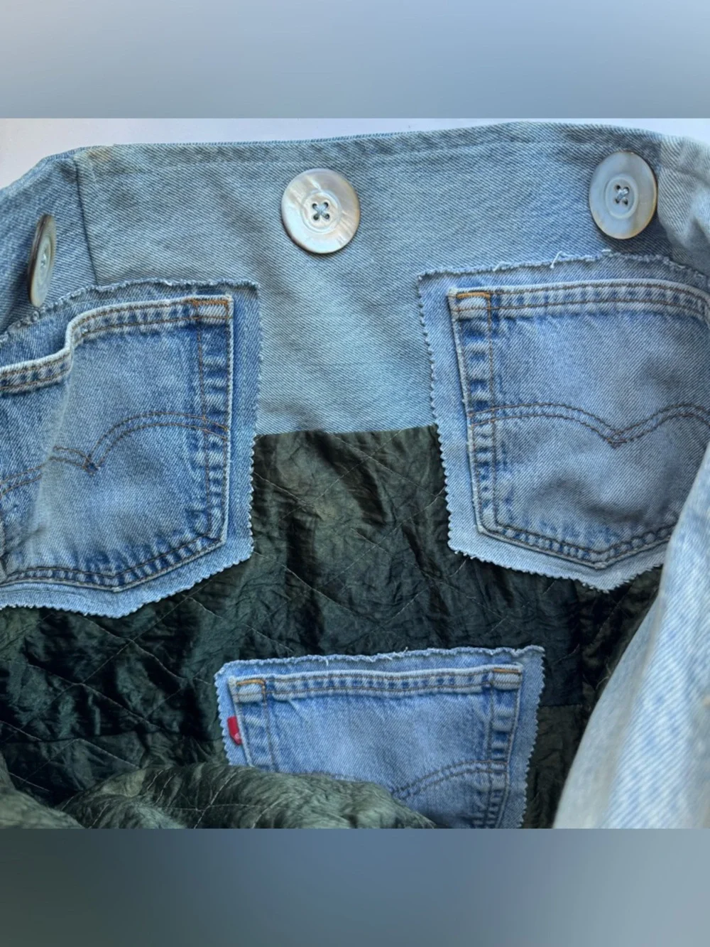 Levi’s Upcycled Handmade Denim Pillow Cover Blue Pockets Quilted Americana 18x20